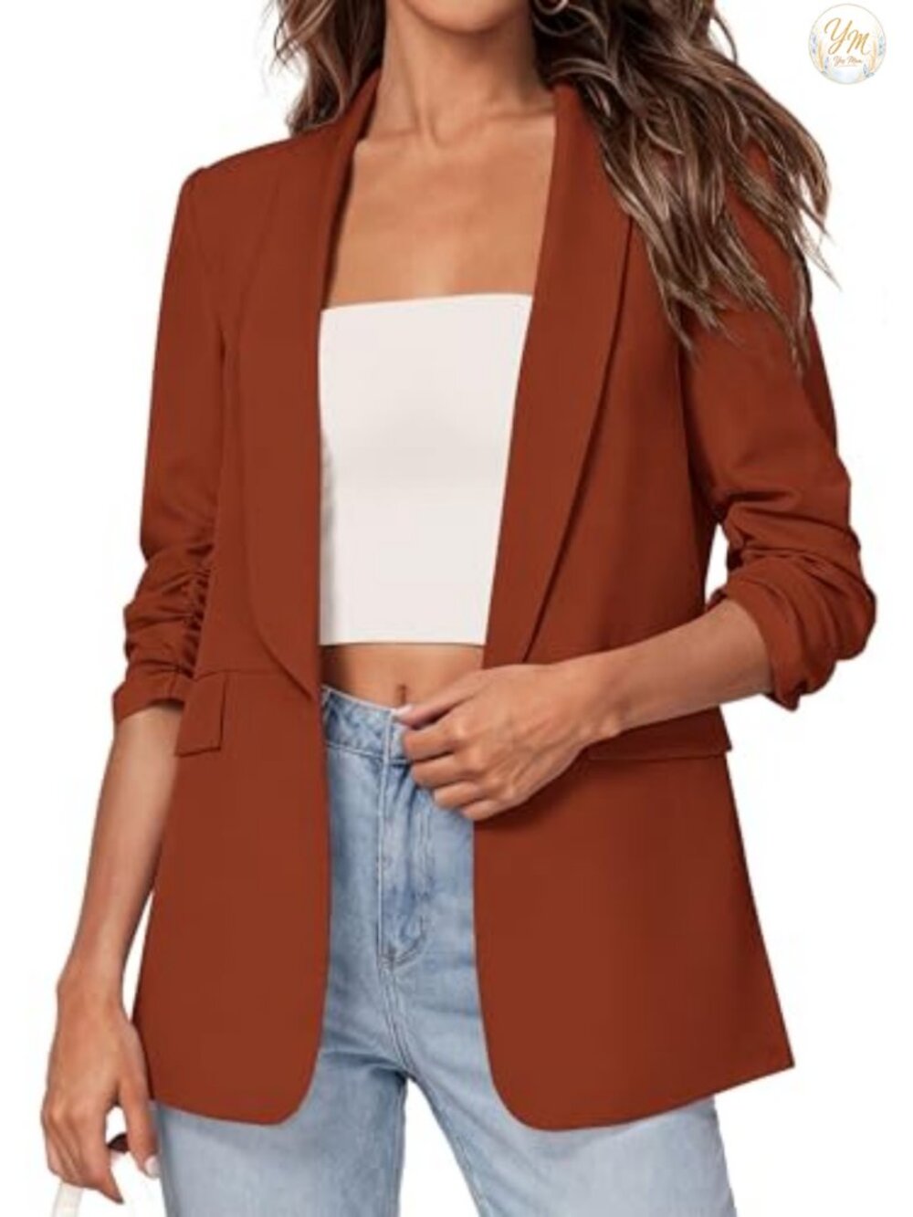 Womens Business Casual Blazer 3/4 Sleeve Shawl Collar Open Front Suit Jacket